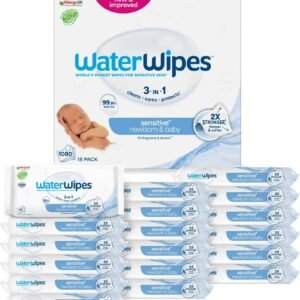 waterwipes sensitive+ newborn & baby wipes, 1080 count (18 packs), 3 in 1 cleans, cares, protects, 99.9% water, unscented
